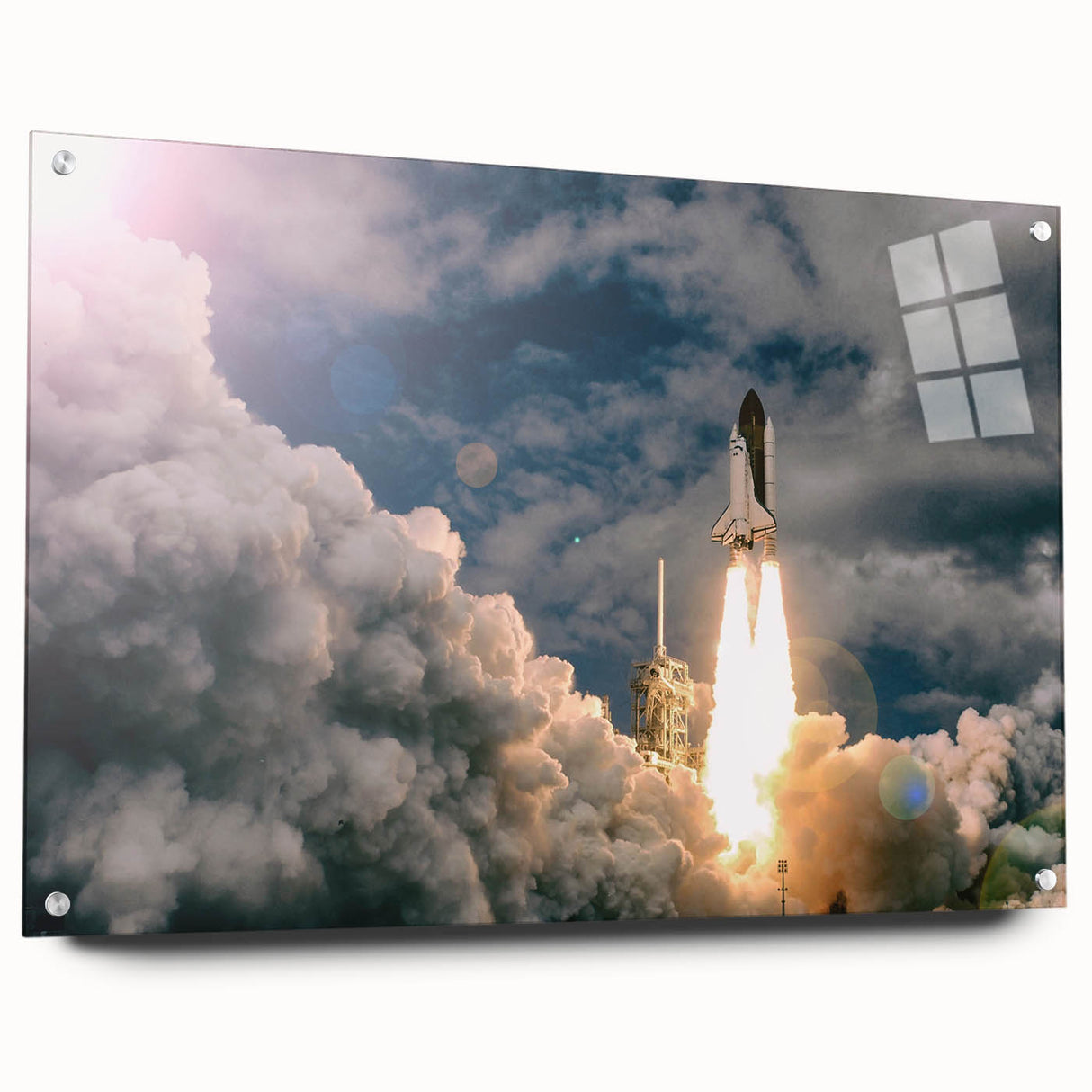Acrylic print of a spacecraft in motion, featuring cool gray and white tones, ideal for modern bedroom or dining room decor.
