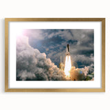 Textured art print of an abstract spacecraft design in gold and black tones, framed with a mat, suitable for bedroom decor.