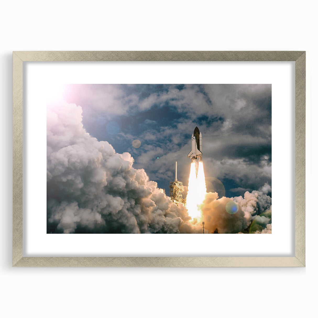 Abstract art print of a spacecraft in silver and gray tones on a framed poster, suitable for bedroom or dining room decor.
