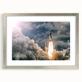 Abstract art print of a spacecraft in silver and gray tones on a framed poster, suitable for bedroom or dining room decor.