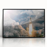 Large abstract wall art featuring a mid-century modernist spacecraft design in black and gray tones on a framed acrylic…