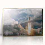 Mid-century modernist art deco spacecraft design in muted gold and gray tones on a framed acrylic.