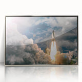 Art deco poster depicting a silver spacecraft, framed in acrylic, with a modern design, suitable for nursery wall decor.