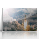 Mid-century modernist spacecraft illustration in muted gray and blue tones on a white framed acrylic.