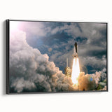 Framed canvas featuring a black and white vintage poster of a spacecraft, ideal for bedroom wall decor.