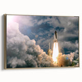 Framed canvas featuring a vintage-style spacecraft in black with colorful accents, ideal for office or study decor.