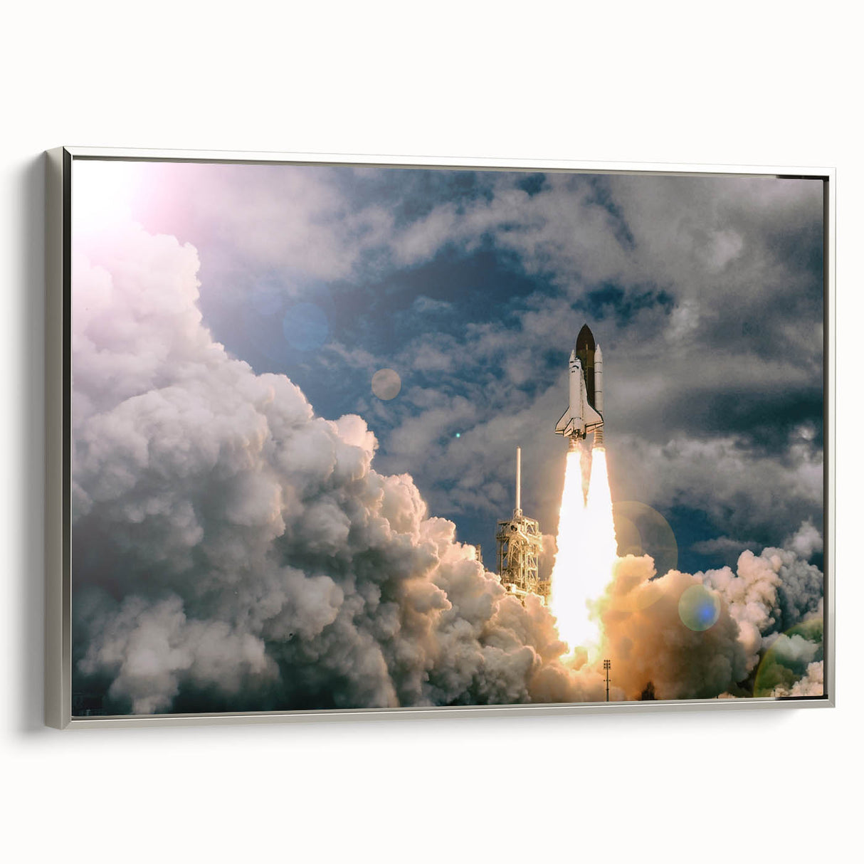 Vintage poster art of a colorful spacecraft, framed canvas in silver, ideal for living room decor.