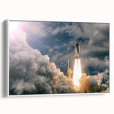 Framed canvas of a vintage spacecraft poster in black and white, suitable for bedroom wall art.