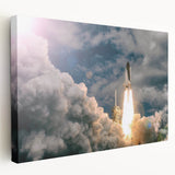 Spacecraft illustration on stretched canvas, featuring vibrant blues and whites, suitable for kitchen wall art.