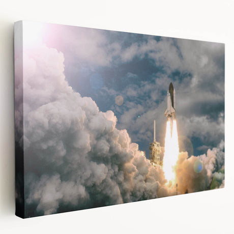 Spacecraft illustration on stretched canvas, featuring vibrant blues and whites, suitable for kitchen wall art.
