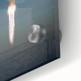 Large abstract wall art featuring a mid-century modernist spacecraft design in muted gray tones on acrylic glass.