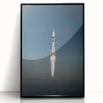 Large abstract wall art featuring a mid-century modernist spacecraft design in black and gray tones, framed in acrylic.