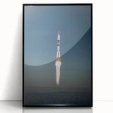 Large abstract wall art featuring a mid-century modernist spacecraft design in black and gray tones, framed in acrylic.