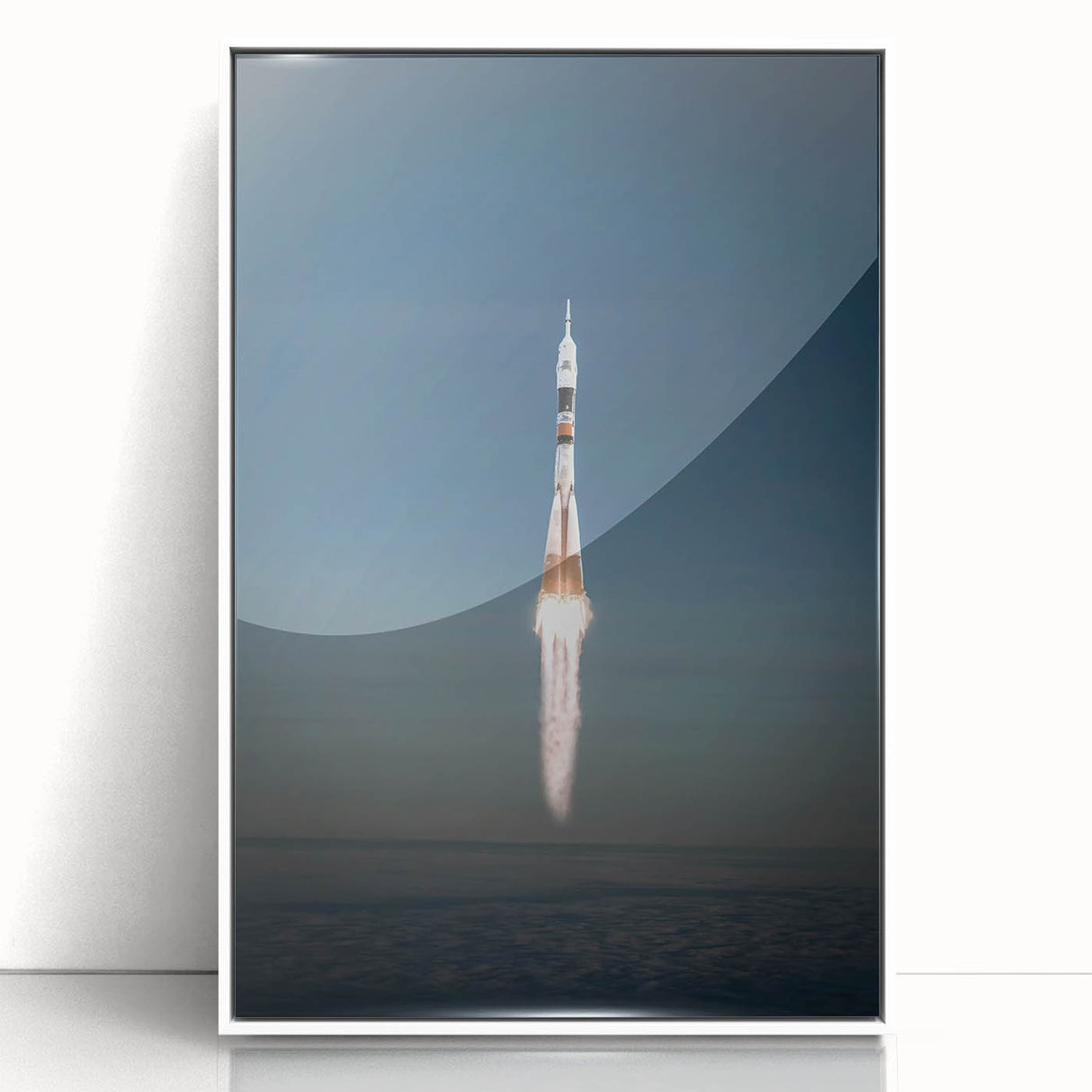 Framed acrylic print of a mid-century modernist spacecraft design in muted earth tones, ideal for nursery wall art.