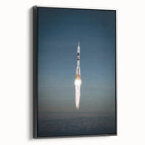 Framed canvas featuring a black and white vintage poster of a spacecraft, ideal for bedroom wall art.