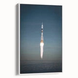 Framed canvas featuring a vintage poster of a spacecraft, rendered in black and white, ideal for bedroom wall art.