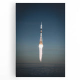 Black and white photograph of a vintage spacecraft on stretched canvas, ideal for kitchen wall art.
