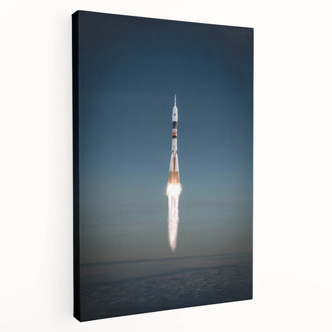 Spacecraft illustration on large stretched canvas with vibrant blue and white tones, ideal for kitchen wall art.