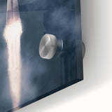 Mid-century modernist acrylic print of abstract spacecraft, in muted grays and blues, ideal for dining room art.