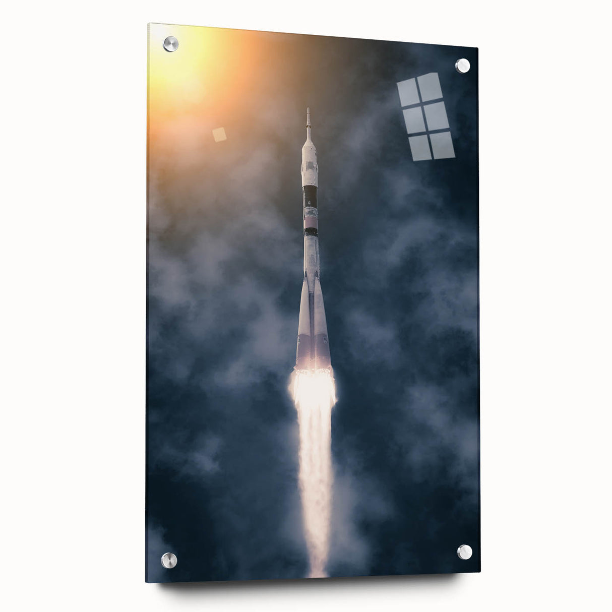 Side view of a large abstract spacecraft design on acrylic glass, featuring cool gray and metallic tones.