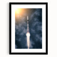 Colorful abstract art print of a spacecraft, in a black frame with mat, ideal for living room decor.