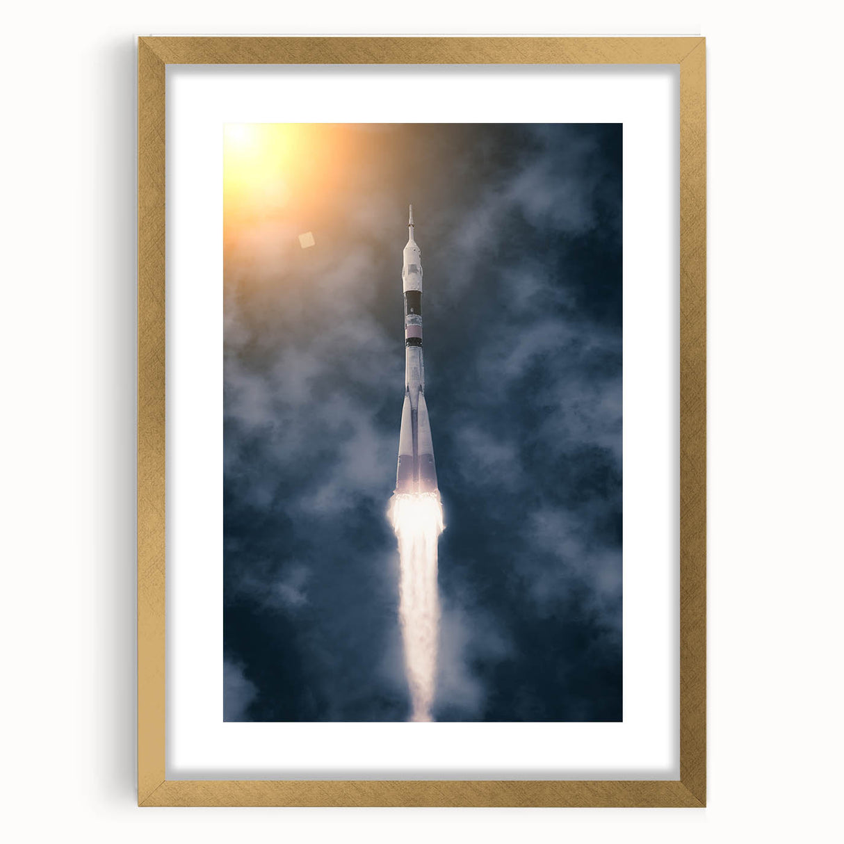Textured art print of an abstract spacecraft in gold and black tones, framed with a mat, ideal for bedroom decor.