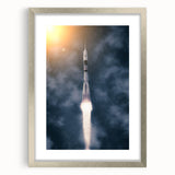 Abstract art print of a spacecraft in muted gray and silver tones on a framed canvas.
