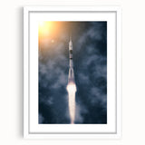 Extra large abstract art print of spacecraft, textured in muted grays and whites, framed with a white mat.