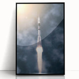 Large abstract wall art depicting a spacecraft, in black and white tones, framed in acrylic.