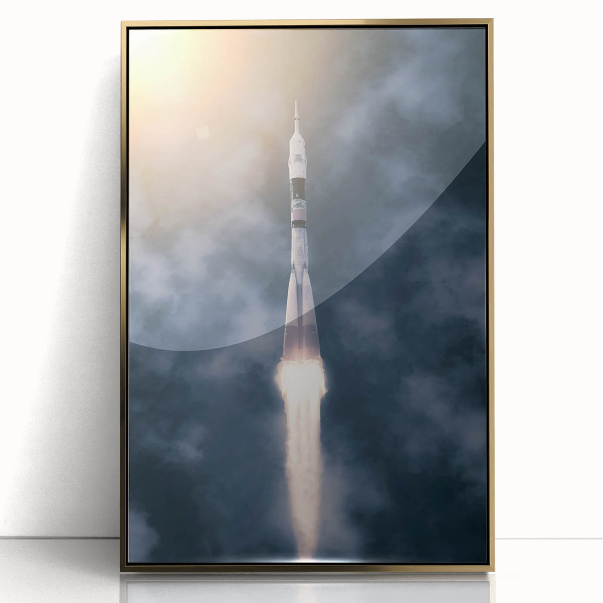 Mid-century modernist art deco poster featuring a spacecraft, in gold and black tones, acrylic framed.