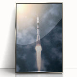 Art deco poster of a vintage spacecraft, in muted silver and gray tones, framed in acrylic, ideal for nursery wall decor.