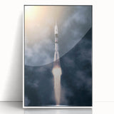 Mid-century modernist spacecraft illustration in muted earth tones, framed acrylic print, suitable for nursery wall decor.
