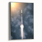 Vintage poster art of a spacecraft, featuring a black background with colorful accents on a framed canvas.