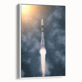 Framed canvas featuring a vintage poster of a black and white spacecraft, ideal for bedroom wall art.