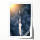 Spacecraft illustration in muted gray on rolled print, suitable as art wall for dining room.