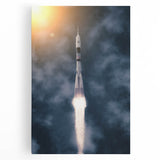 Black and white spacecraft illustration on stretched canvas, ideal for kitchen wall art.