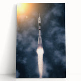 Black and white photo of a spacecraft on stretched canvas, ideal for kitchen wall art or bedroom ambiance.