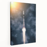 Large art print of a spacecraft design on stretched canvas, featuring metallic and gray tones, suitable for kitchen wall art.