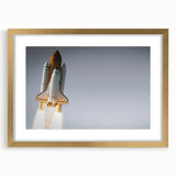 Textured art print of abstract spacecraft in gold and black tones on a framed canvas, suitable for bedroom decor.