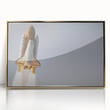 Mid-century modernist art depicting a spacecraft, in gold and black tones on acrylic, ideal for nursery wall art.