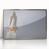 Art deco poster of a spacecraft, in silver and gray tones on a framed acrylic, suitable for modern nursery art decor.