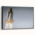 Framed canvas featuring a black and white vintage poster of a spacecraft, ideal for bedroom wall decor.