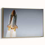 Framed canvas featuring a vintage poster of a colorful spacecraft, ideal for adding a retro touch to any room.