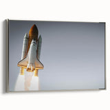 Vintage poster art of a spacecraft in vibrant colors on a black background, framed canvas, ideal for living room decor.