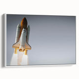 Framed canvas depicting a vintage spacecraft design in black and white, ideal for bedroom wall art.