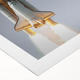 Art deco poster of a vintage spacecraft, done in muted silver and gray tones on rolled canvas.