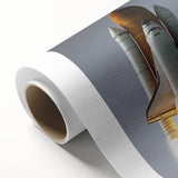 Art deco style spacecraft poster in monochrome tones on rolled canvas, ideal for nursery wall art.