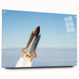 Side view of a large abstract wall art piece on acrylic glass depicting a spacecraft, in muted silver and gray tones.