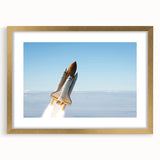 Abstract textured art print of a spacecraft in muted gray and blue tones on a framed canvas, suitable for bedroom decor.