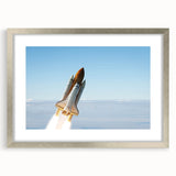 Abstract art print of a spacecraft in muted silver and gray tones on a framed canvas, suitable for dining room or bedroom.